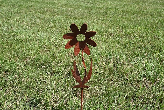 Metal Rustic and Colorful Flower Stakes Ranging from 9.5 to 36 Inches Tall (Twisted Daisy Stake 9.5" Tall, Naturally Rusted)