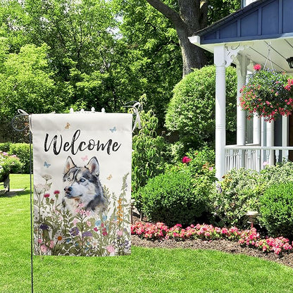 Spring Summer Garden Flag Floral Husky Yard Flag Flower Dog Garden Flags for Outside Small Outdoor Welcome Flags 12x18 Double Sided