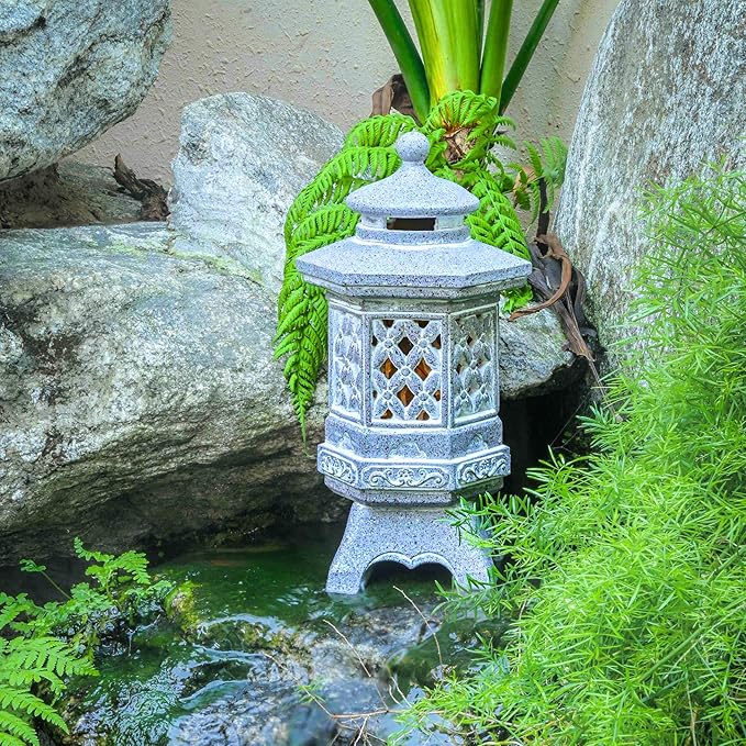 TERESA'S COLLECTIONS Pagoda Garden Statues with Solar Outdoor Light, Resin Zen Garden Lantern Asian Decor Outdoor Statues Lawn Ornaments Patio Porch Yard Decor Gifts for Dad 10.4"