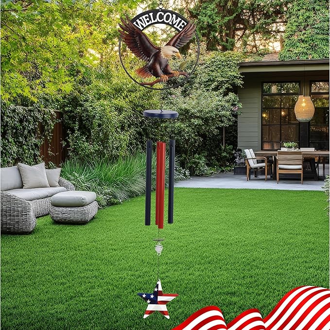 CoTa Global Welcome Eagle USA Flag Wind Chime - Handmade Metal Hanging Decor, Patriotic Garden Ornament with Red, White and Blue Tubes, Indoor Outdoor Porch Patio Yard Decoration - 34 Inches