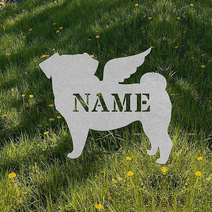 Pug Angel Wings Statue Figurine For Garden Sign Memorial Ornament Metal Burial Bereavement Sympathy Gift Sculpture Grave Marker for Yard Garden Porch Lawn Grassland Park Farm Flowerpot Decor.