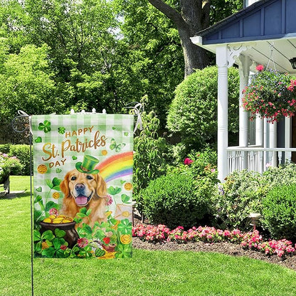 Golden Retriever St Patricks Day Garden Flag Dog St Patrick's Day Yard Flags for Outside 12x18 Double Sided Buffalo Plaid Shamrock Flag Small Outdoor Rainbow St Patrick's Decor