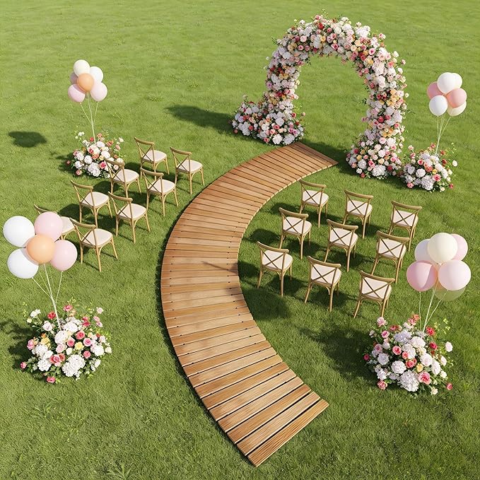 6FT Curved Wooden Garden Pathway Walkway Outdoor Roll Out Decorative Garden Non-Slip Patio Path Decorative Boardwalk Outdoor Road Floor for Backyard Beach Wedding Party
