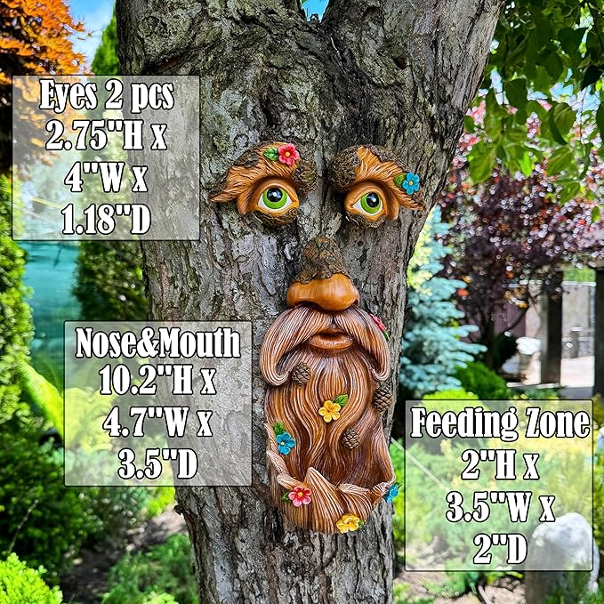 Mood Lab Tree Face Decor - Outdoor Bird Feeder - Old Man Face Decoration with Flowers - Tree Garden Hugger - Yard Art Statues