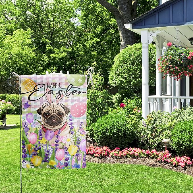 Happy Easter Dog Garden Flag Pug Spring Flags Buffalo Plaid Bunny Eggs Yard Flag for Outside 12x18 Double Sided Small Decorative Floral Outdoor Flag