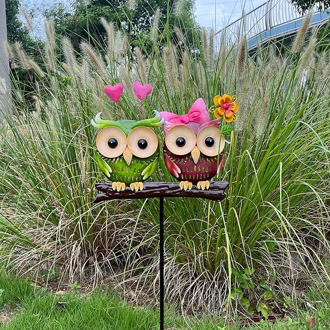 Metal Owl Couple Garden Stakes, Hand Painted 3D Yard Art, Colorful Outdoor Lawn Ornaments Sculpture Decor, Gift for Family and Couple (Small)