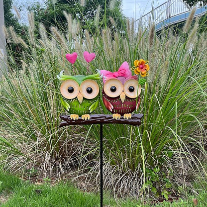 Metal Owl Couple Garden Stakes, Hand Painted 3D Yard Art, Colorful Outdoor Lawn Ornaments Sculpture Decor, Gift for Family and Couple (Small)