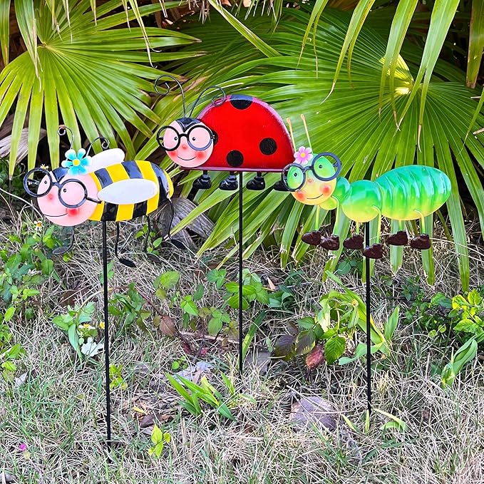 Metal Garden Stakes Set of 3, Hand Painted Insect Yard Art, Ladybug Bee Caterpillar Outdoor Decor, Colorful 3D Lawn Ornaments, Floor Mount Patio Decoration
