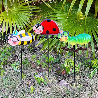 Metal Garden Stakes Set of 3, Hand Painted Insect Yard Art, Ladybug Bee Caterpillar Outdoor Decor, Colorful 3D Lawn Ornaments, Floor Mount Patio Decoration