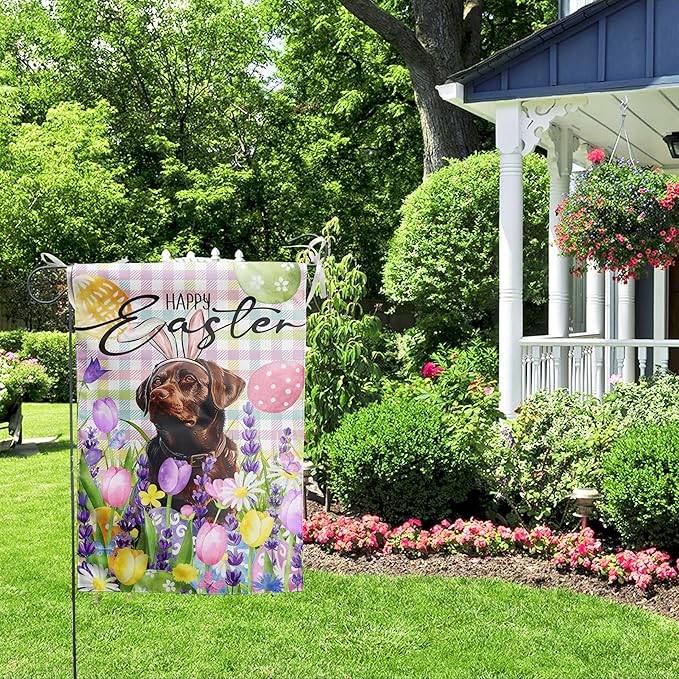 Happy Easter Labrador Dog Garden Flag Chocolate Lab Spring Flags Buffalo Plaid Bunny Eggs Yard Flag for Outside 12x18 Double Sided Small Decorative Floral Outdoor Flag
