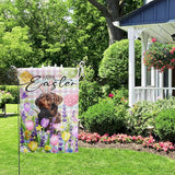 Happy Easter Labrador Dog Garden Flag Chocolate Lab Spring Flags Buffalo Plaid Bunny Eggs Yard Flag for Outside 12x18 Double Sided Small Decorative Floral Outdoor Flag