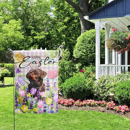 Happy Easter Labrador Dog Garden Flag Chocolate Lab Spring Flags Buffalo Plaid Bunny Eggs Yard Flag for Outside 12x18 Double Sided Small Decorative Floral Outdoor Flag