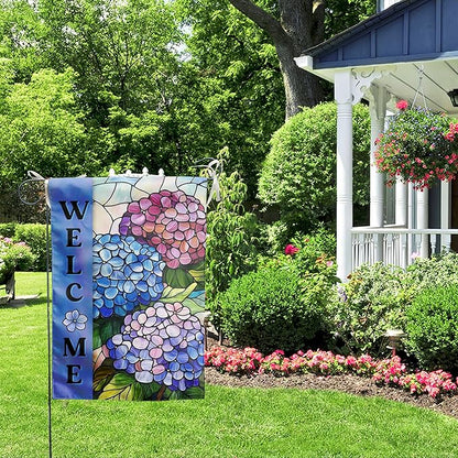 Hydrangea Spring Summer Garden Flag for Outside Stained Glass Flower Yard Decor 12x18 Double Sided Blue Floral Welcome Outdoor Banner