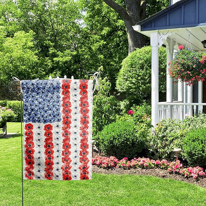 Patriotic Flower American Garden Flag Spring Summer Yard Decor 4th of July Memorial Independence Day Decorations Red White Blue Poppy Banner for Outside 28x40 Double Sided