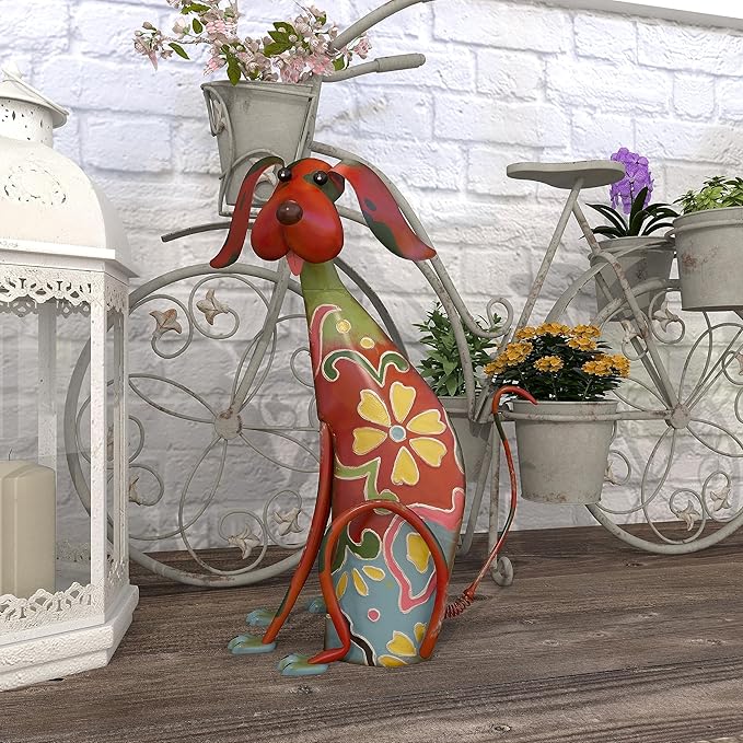 Deco 79 Metal Dog Decorative Garden Sculpture Indoor Outdoor Garden Statue with Floral Pattern, Outdoor Sculpture 12" x 6" x 17", Multi Colored