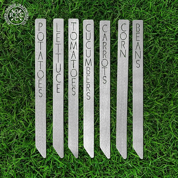 ROCC RUSTED ORANGE CRAFTWORKS CO. Custom Metal Garden Plant Markers, Set of 5, 80+ Varieties, Laser-Cut Steel Stakes, USA Made (7 Pack - 15 inches Long)