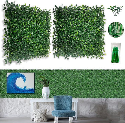 Bybeton 24 Pcs Artificial Grass Wall Panels, 10x10 Inch Fake Boxwood Greenery Backdrop, Realistic Privacy Screen for Indoor Outdoor Photo Background, Spring Decor