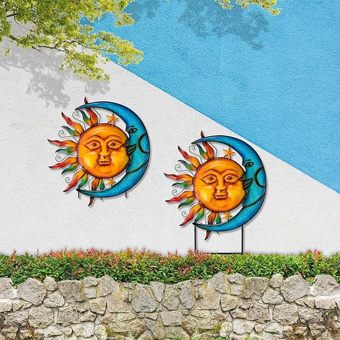 Glitzhome 36.25" H Metal Sun and Moon Garden Stake Decor, Rustic Sun and Moon Yard Art or Antique Wall Decor Outdoor Decorative Garden Decor