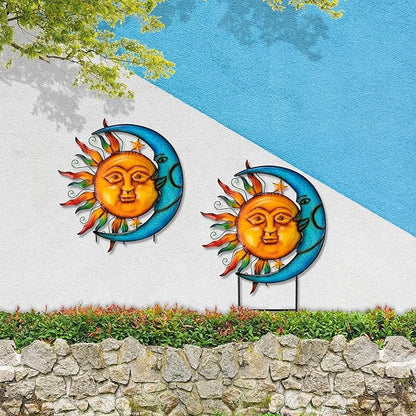 Glitzhome 36.25" H Metal Sun and Moon Garden Stake Decor, Rustic Sun and Moon Yard Art or Antique Wall Decor Outdoor Decorative Garden Decor
