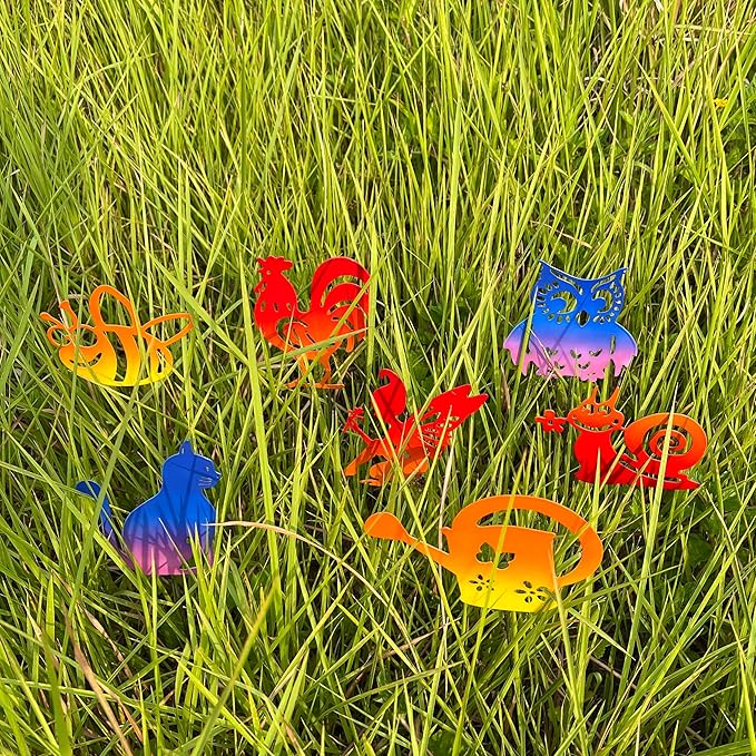 7PCS Metal Small Animal Decoration Stakes with Owl, Cat, Bee, Rooster, Snail, Fairy, and Flower Pot Designs - Hollow Out Silhouette Yard Art for Outdoor Patio Lawn Garden Decor