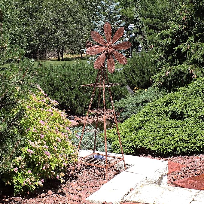 Sunnydaze 51-Inch Rustic Windmill Metal Garden Statue with Tiers - Yard Art, Lawn and Garden Sculpture Decor - Brown/Copper
