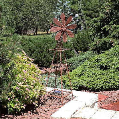 Sunnydaze 51-Inch Rustic Windmill Metal Garden Statue with Tiers - Yard Art, Lawn and Garden Sculpture Decor - Brown/Copper