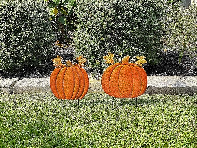 STC S/2 Garden Stakes Thanksgiving Fall Harvest Halloween Outdoor Metal Decor Orange Pumpkins #762 (16" & 15" H)