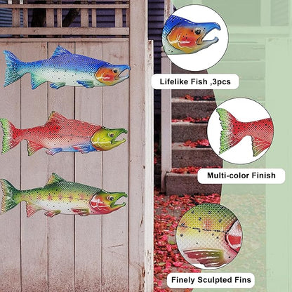 Metal Fish Wall Decor Outdoor Colorful Fish Coastal Ocean Sea Wall Art Sculptures Hanging Decorations for Bedroom, Living Room, Garden, Fence, Patio Set of 3